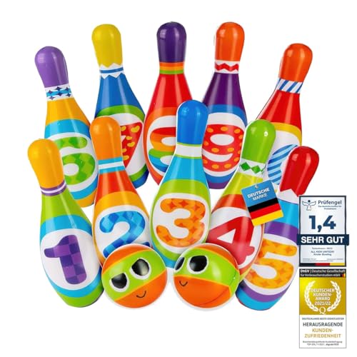 all Kids United® Kegelspiel für Kinder Bowling-Set XXL mit 10 weichen PU Kegeln und 2 Bällen; Pädagogisches Lern-Spielzeug für Drinnen & Draußen aus Schaumstoff (10er Set)