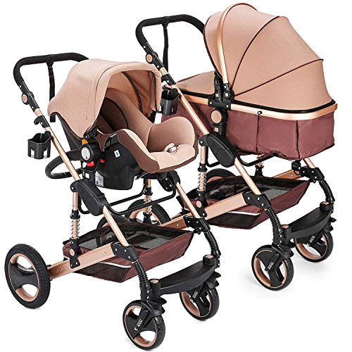 Kinderwagen „California“, 3 in 1 Kombikinderwagen Megaset 8 teilig inkl. Babyschale, Babywanne, Sportwagen und Zubehör, Sicherheitsnorm EN1888, Buggy, Beige