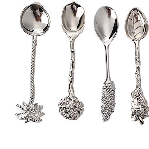 Kaffeelöffel, 4 Stück Vintage Mini-Legierung Kaffee Teelöffel Eisdessert Rühren Geschirr Kreative Blume Kaffeelöffel für Geschirr Küche, Cafe oder Bar(Silber)