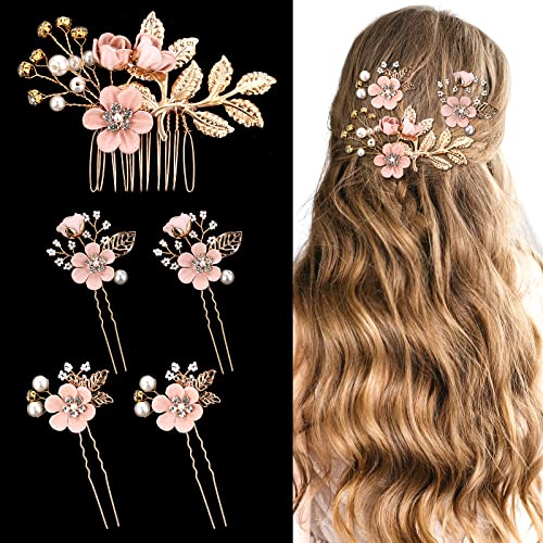 5 Stück Braut Haarschmuck Hochzeit Haarkämme Perle Kristall Hochzeit Haarspangen Blumen Haarnadeln Brautjungfer Hochzeit Frauen Mädchen Rosa Haarschmuck Braut Haarkamm
