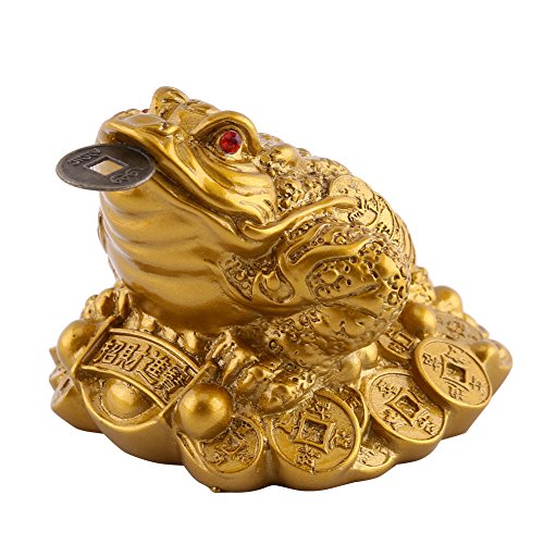 Glück Geld Frosch/Kröte, Geldkröte Feng Shui, Geldfrosch Kröte/Frosch Schatz Becken Statue Mit Münze Anziehen Reichtum und Glück Geldfrosch Feng Shui Dekoration (65×60×50mm-Messing)