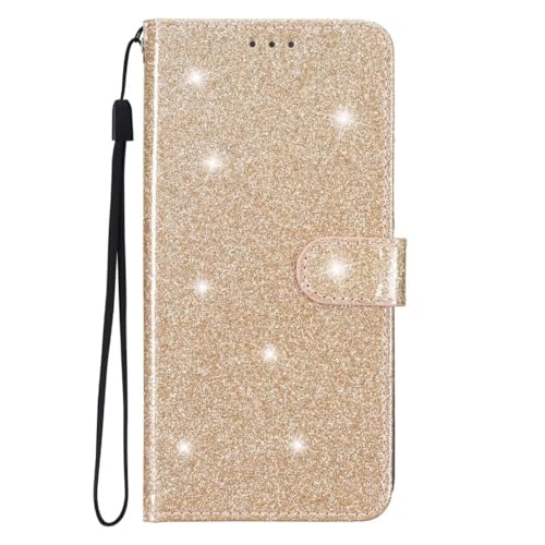 Für Samsung Galaxy S21 Hülle,Handyhülle Samsung Galaxy S21,Bling Glitzer Premium PU Ledertasche Wallet Case Brieftasche Klapphülle mit Magnet Kartenfach für Samsung S21,Golden