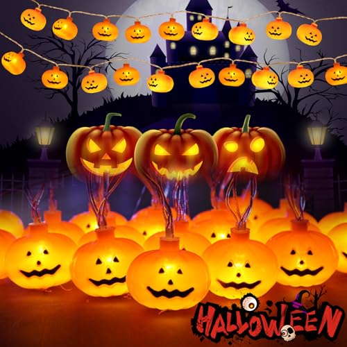 Halloween Lichterkette Kürbis, 3m Warmweiß Kürbis Lichter Schnur 20 LED Kürbis Deko Licht, 3D Kürbisse Deko Licht mit 2 Modi Halloween LED Lichter Deko für Halloween Party Häuseral Gärten Hof