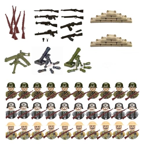 Ww2 Soldaten Action Figures: 30-teiliges Militär-Set mit Mini-Soldaten, Mörser*2 + Maschinengewehr & Zubehör – Kompatibel mit Dioramenbau & Sammlerdisplays