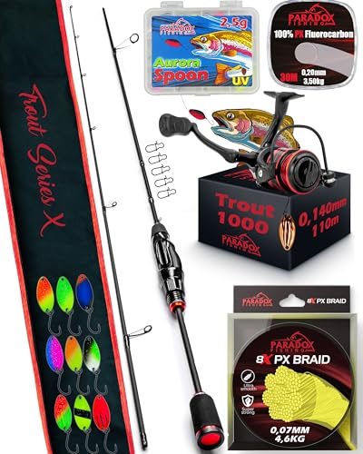 Paradox Fishing Komplett UL-Ruten Set I Trout Series X Rute I 1,85m Wg. 1,2g-4g I 1000 Rolle 10 Spoons 2,5g -Forellenrute Ultralight Rute – UL Rute