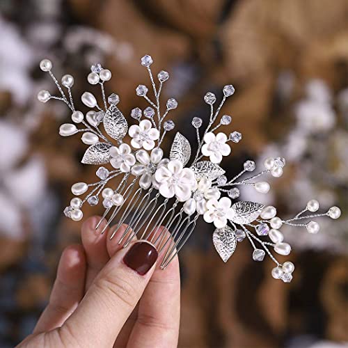 Edary Braut Hochzeit Haarkämme Kristall Blume Braut Kopfschmuck Perlen Haarklammern Haarschmuck für Frauen und Mädchen (Silber)