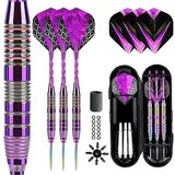 Dartpfeile mit Metallspitze 22 Gramm(Der ganze Pfeil), Profi Steeldarts mit Metallspitze Steeldarts Set Steel Darts Pfeile Set Stahl Spitze Darts Set 3 Aluminium Schaft + Extra 3 Dart-Flüge (purple-2)