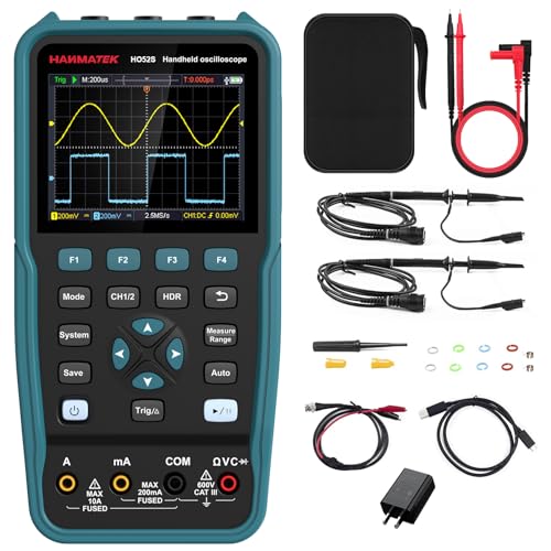 HANMATEK 3 in 1 Handheld Oszilloskop mit 2 Kanälen HO52S 3.5" TFT Oszilloskop,50Mhz Wellenform Generator Multimeter mit beleuchtetem Bildschirm,Auto-Kalibrierung Funktion,Memory-Funktion, Multi Tester