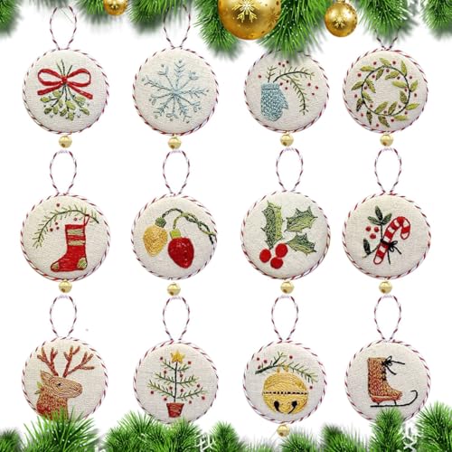 UYOE Stickerei Set Erwachsene Anfänger, Weihnachtenmuster Kreuzstich Kit Starter Tools, 12 Mini-Weihnachtsmuster-Sticksets mit Stickrahmen,Farbfäden Leitfaden und Werkzeuge (Stil B (12))