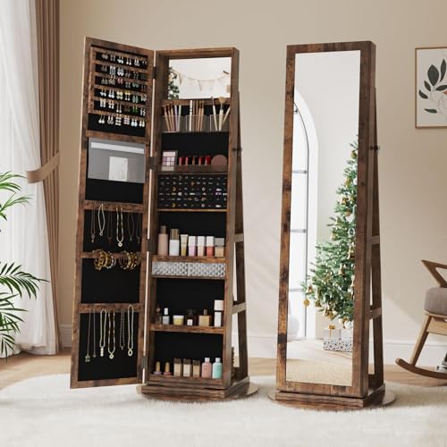 Dripex Schmuckschrank mit Spiegel, Standspiegel stehend, Schmuck Spiegelschrank mit Ganzkörperspiegel und Innenspiegel, Schmuck Organizer mit Ablagen 3 in 1, 360° drehbar, vintage braun