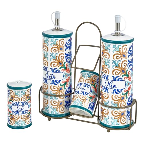 Baroni Home Menage Öl Essig Salz Pfeffer aus Keramik mit Ständer aus Metall, bunt, strapazierfähig, Linie Capri, 21 x 8 x 22 cm