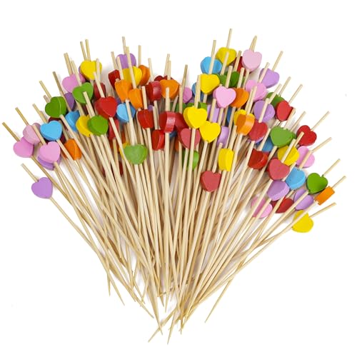 100 Stück Cocktailspieße, 12 CM Schaschlikspieße Holz mit Herz, Bunte Holzspieße für Fingerfood, Obstspieße, Holzstäbchen für Snacks & Hochzeitstorte Deko