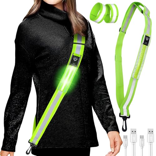 Wenosda Reflektor Gürtel, LED Lauflampe Reflektorbänder Gürtelschärpe USB Aufladbar Verstellbar Nacht Sicherheitslicht Reflektorgurt für Joggen Running Laufen Fahrradfahren Hundewandern