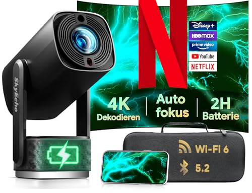 Beamer Mit Akku 【 ±270° Drehbar/Autofokus/Trapezkorrektur 】 K2 Smart Projektor Mit WiFi Und Bluetooth, FüR Schlafzimmer Decke DraußEn Tragbar Film UnterstüTzt 1080p 4k Videowiedergabe (Schwarz)