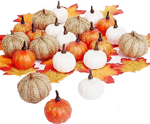 Cymax 52 Stück Künstliches Kürbis-Dekorations-Set,künstliche Mini-Kürbisse, Ernte-Kürbis mit Ahornblätter für Herbstgirlande, Halloween, Thanksgiving, Tisch, Party-Dekoration