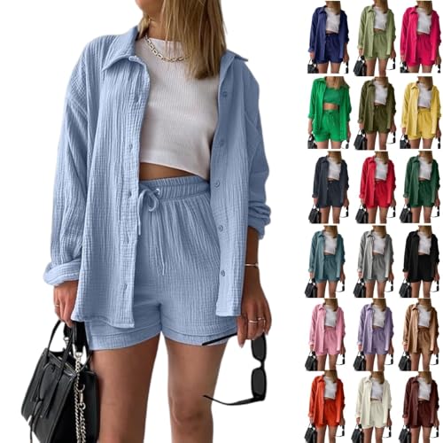 Generisch Sale Angebote, Summer Zweiteiler Damen Musselin Bluse Set Outfit Leinen Hemd Und Shorts Y2K Sportanzug (M, Light Blue)
