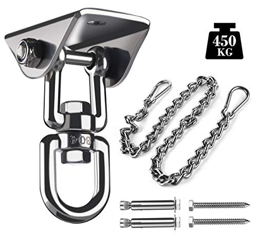ABSOFINE Deckenhaken 450KG Kapazität 360°Drehen Premium Edelstahl Schaukelhaken Aufhängung Haken mit Verlängerungskette Zwei Karabiner für Hängesessel Beton Holz Spielplatz Veranda Sitz Trapeze Yoga