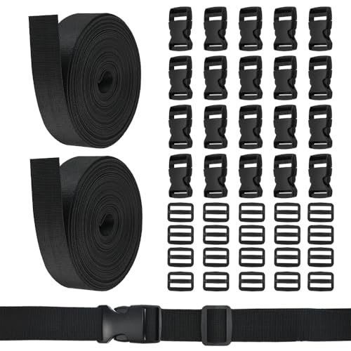 SLTAXAR Nylon Gurtband 10M x 2,5 cm Nylongurte mit 20 Paare Schnallen Nylongurt mit Schnalle Verstellbare Nylongurtband Schwarz Klippverschluss Rucksack Schnalle Ersatz für Rucksack Tasche Koffergurt