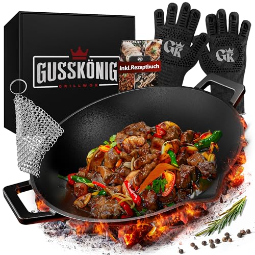 Gusskönig Gusseisen Wok Pfanne - 36 cm robuste Wokpfanne für Gasgrill, Herd, Ofen und Lagerfeuer - Gusseisen Wokpfanne inklusive Edelstahl Ringreiniger, Grillhandschuhe & Rezeptbuch