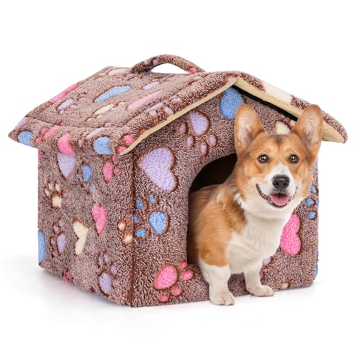 Nobleza Hundehütte für Hunde Katzen, Winterfest Hundehaus 53x50x43cm L, Tragbare Haustier Hundehöhle, Abnehmbar Katzenhaus, Waschbar Schlafplatz, Hundebett mit Abnehmbarem Matratze, Braun