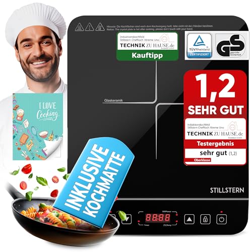 Stillstern Induktionskochplatte 2100W - Induktionskochfeld geeignet für 12-28 cm, Booster-Modus, Hitzebeständiger Kochmatte, Lautlos-Funktion, 19 Temperatur- & Leistungsstufen, 24h Timer, Touch