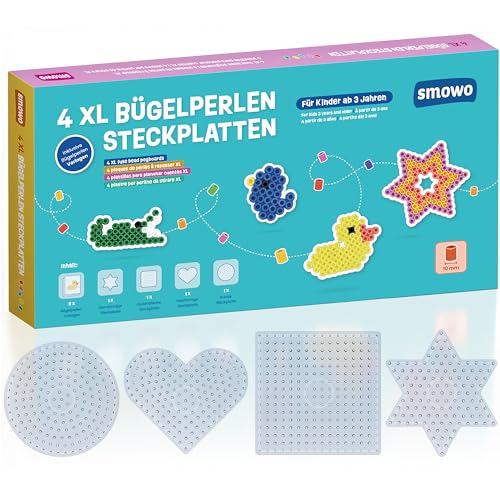 Smowo® 10mm Bügelperlen Platten in vielen Formen - Set mit 4 Steckplatten und Vorlagen - Rund, Stern, Viereck, Herz - Große Stiftplatten für Kinder ab 3 Jahre