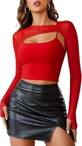 Avidlove Sexy Body Damen Mesh Top Langarm 2-teilig Clubwear Netz Camisole-Top Crop Freizeit Oberteil Oktoberfest Basic T-Shirt Spaghettiträgern Bralettes Cami Tanktop，RotL