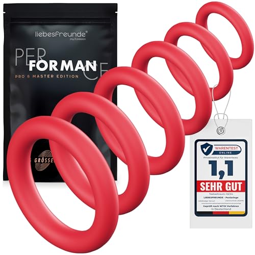 Liebesfreunde® Deluxe Penisring Set - 6 dehnbare Cockringe für härtere Erektionen, Penis- und Hodenringe für Männer - Perfekte Passform, Sex Spielzeug für Paare, rot
