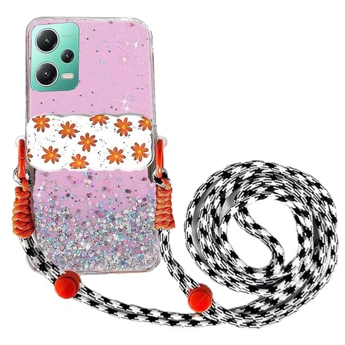 Miagon Handykette Hüll für Xiaomi Redmi Note 12 4G Glitzer Durchsichtig Case mit Universal Blume Telefon Clip Kordel zum Umhängen Handyanhänger Halsband Lanyard