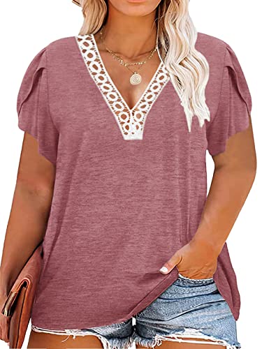 Plus Size Top für Frauen Spitze V-Ausschnitt Langarm Bluse Trendy Niedlich Lose Einfarbig Shirt, A5-pink, X-Large Mehr