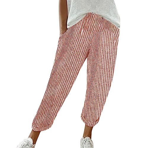 CGGMVCG Leinenhose für Damen, elastische Taille, gestreift, Freizeithose, lockere Baumwolle und bauchfreie Hose für Damen, lässiger Sommer, Rot, XXL