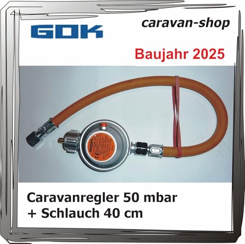 GOK Druckminderer für Caravan/Wohnmobil 50 mbar + Schlauch 40 cm, Gas Wohnwagen 2025