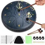 Zungentrommel,6 Zoll 11 Tone Rain Drum,Regentrommel Schlagzeug Anfänger mit Notenbuch,Trommelstöcken,Tasche,Rain Drum Outdoor Percussion Instrumente,Steel Tongue Drum für Meditation&Yoga Klangheilung