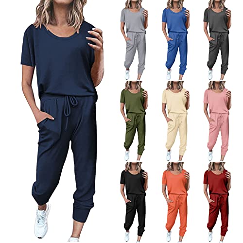 befristetes angebot des tages Sportanzug Damen Sommer Kurzarm Tracksuit Casual Baumwolle Trainingsanzug 2 Teilig Einfarbig Jogginganzug Lose T-Shirt Top und Hose Freizeitanzug Taschen Sportswear