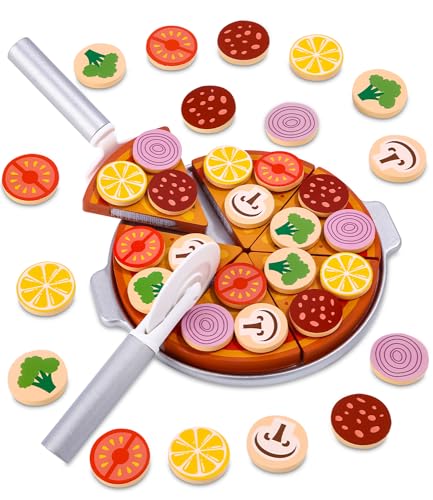 Toaren Pizza Set Holz,Pizza Kinderküche Zubehör,Zubehör Kinderküche,Spielzeug Lebensmittel für Kaufladen zubehör Holz,Holz Pizza für Kinder mit Schneidebrett,Pizzaschneider