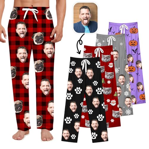 Personalisierte Pyjamahose Herren Lang mit Foto - Maßgeschneiderte Pyjama-Hose mit Haustiergesicht Herren Pyjama Hose Weihnachts- Geburtstags und Jubiläumsgeschenke Für Familie und Liebste(Pyjamahose)