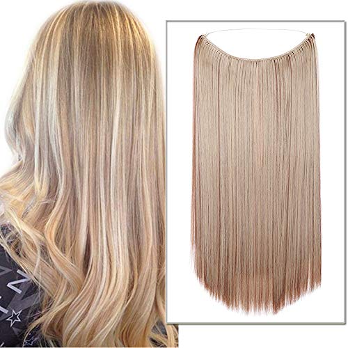 Silk-co Haarverlängerung mit Gummiband, Glatte Extensions mit unsichtbare Schnur, Synthetisch Haarteil wie Echthaar, Haarverdichtung Haar Extensions für Frauen, Hellbraun & Blond, 50cm