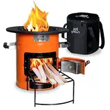 grillart® Raketenofen Outdoor “Powertrain” – effizienter Holzofen als Campingkocher für Dutch Oven und Grillpfannen – besonders effizient bei geringer Rauchentwicklung (Orange mit Tasche)