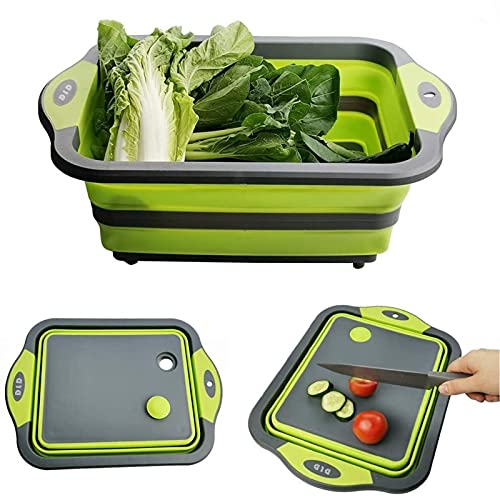 【Upgrade】D L D Collapsible Cutting Board with Colander Containers, Foldable Food Grade Silicone Dish Tub Chopping Board, Washing Basin Draining Basket Strainer for Home Kitchen Camping Picnic BBQ