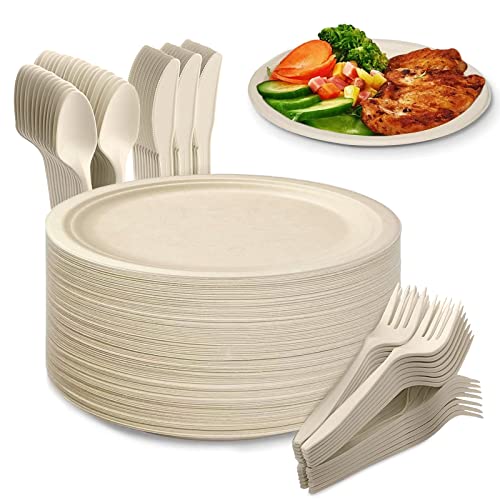 Yidaxing 200 Stück Einweggeschirr Set, Umweltfreundlich Einwegteller Set, Partygeschirr umfasst Pappteller Gabeln Messer und Löffel für Grillfest Camping Picknick Party, 50 Gäste(22.8cm Holzfarbe)