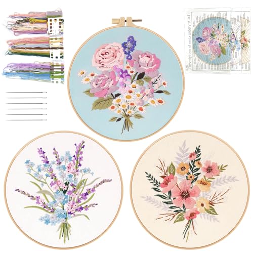 SwirlColor Sticken Set Erwachsene 3Sets, Ausgezeichnete Stickerei Stoff Brillante Stickerei Kit für Anfänger mit Stickerei Faden Stickerei Reifen mit Blumen