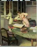 ARToPHIIU Wandkunst Dekorative Gemalde Kunst Poster Leinwanddruck Malerei Elegante Frauen in einer Bibliothek von Edouard Gelhay Leinwand Druck für Heimtextilien 60x90cm