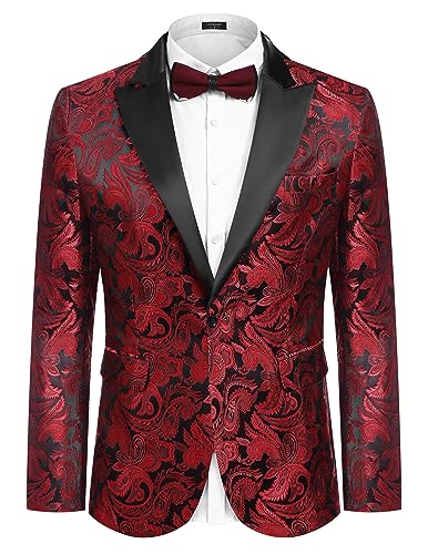 COOFANDY Herren Smoking Paisley Anzug Jacke Kleid Abendessen Party Abschlussball Blazer, Rot/Schwarz, XL