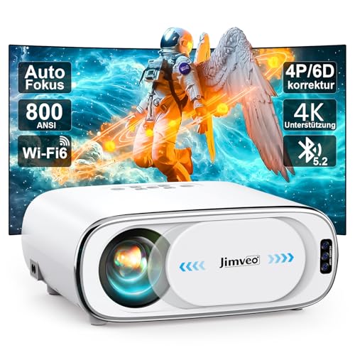 Beamer 4K AI Auto-Objektivdeckel Auto-Fokus Auto-6D Trapezkorrektur Smart Beamer WiFi6 Bluetooth Jimveo 26000L 1080P Full HD Tragbare Projector 50% Zoom,300" Display Am Abend Outdoor Beamer Heimkino