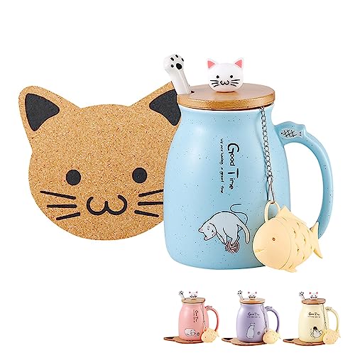 BigNoseDeer Katzen-Tasse, niedliche Keramik-Kaffeetasse mit schönem Kätzchen-Deckel, Katzenpfotenlöffel, Kawaii-Untersetzer, lustige Morgen-Tasse, Tee, Milch, Weihnachts-Tasse, 380 ml