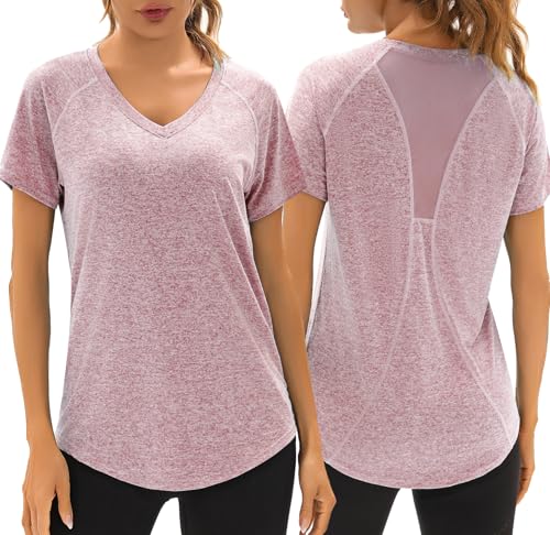 Wayleb Sportshirt Damen Kurzarm V-Ausschnitt Sommer Sport T-Shirts Sommer Leichtes Atmungsaktiv Back Mesh Laufshirt Fitness Gym Oberteile Frauen Longshirt Yoga Top, Hellrosa-lila L