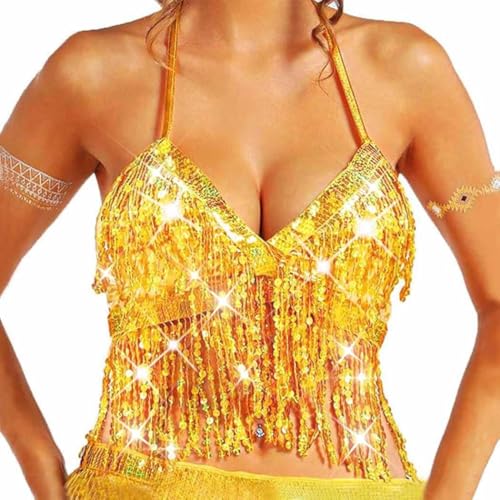 Evlry Pailletten-Tanztop, Neckholder-Top mit Goldener Quaste, glitzerndes Bra-Top, Bauchfreies Top für Rave-Partys und Clubs für Frauen und Mädchen