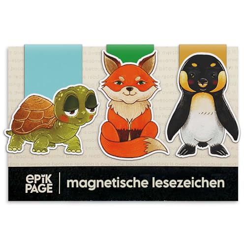 Magnetische Lesezeichen Kinder Magischen Tiere: Fuchs, Schildkröte, Pinguin – Kleine Geschenke für Schüler, Junge, Mädchen, Buchliebhaber – Hochwertige Schule Magnetlesezeichen Mitbringsel – 3er-Set