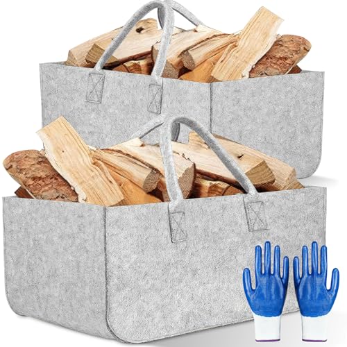 ZLPBAO Filztasche 2Stk Einkaufskorb mit Handschuhen, Holzkorb Für Kaminholz Kaminholzkorb, 5MM Verdickt Filz, 100% recyceltem Plastik - Filz Tasche Korb für Holz faltbar Transport & Aufbewahrung