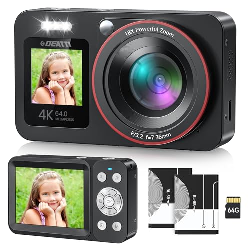 DEATTI 4K Digitalkamera, FHD 64MP Fotokamera mit Zwei Bildschirme, 18X Autofokus Fotoapparat Digital Camera Für Teenager, Kompaktkamera mit 64G SD Karte für Kinder Erwachsene Ältere Anfänger, Schwarz